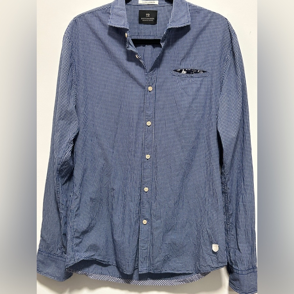Scotch & Soda “ALOHA LONDON” white & blue gingham plaids men’s  shirt L